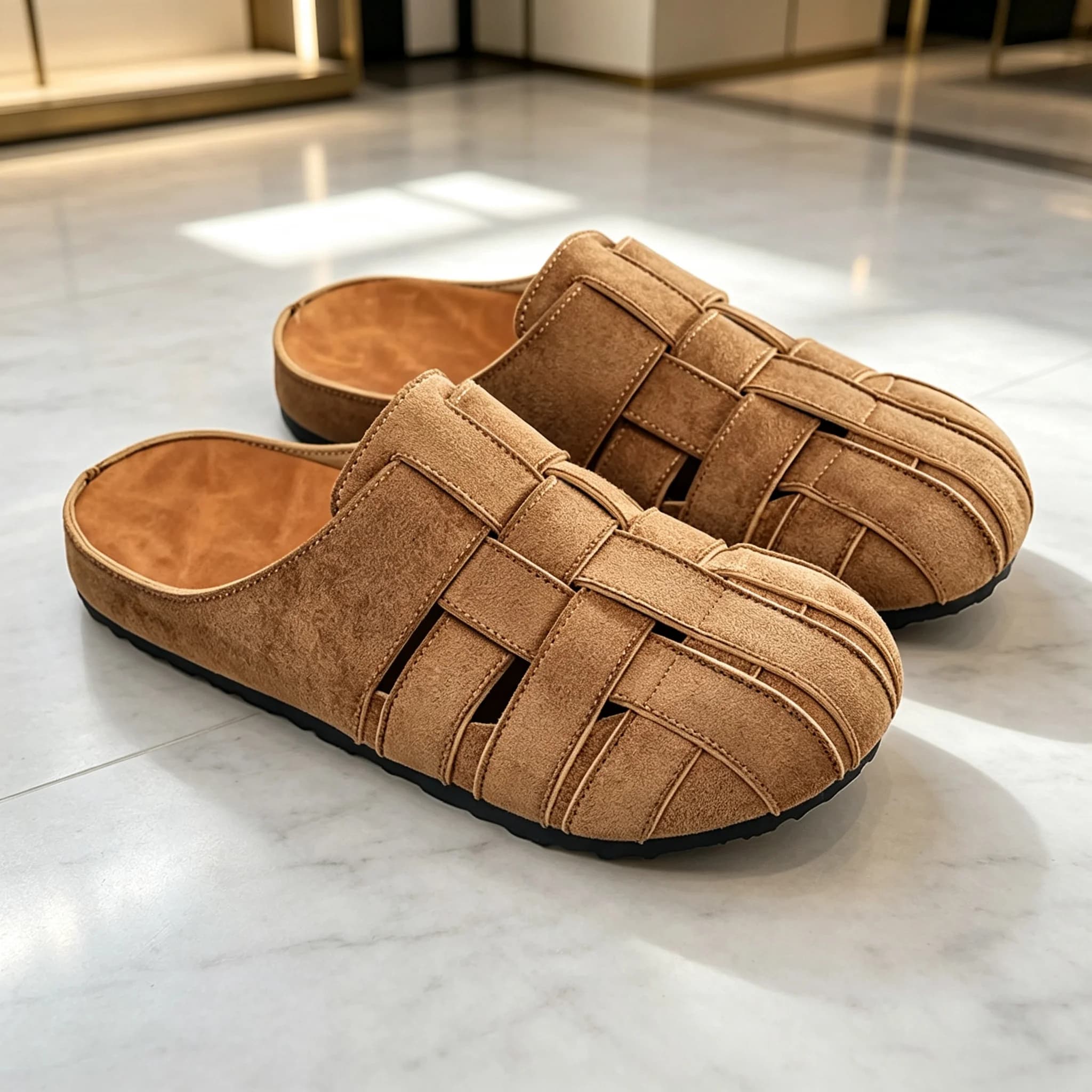 Retro Woven Closed-Toe Mules, Available in Three Colors, Suede Slip-On Mules, Breathable Hollow-Out Outdoor Sandals, Comfortable Cork-Soled Versatile Home and Commuting Casual Closed-Toe Slippers