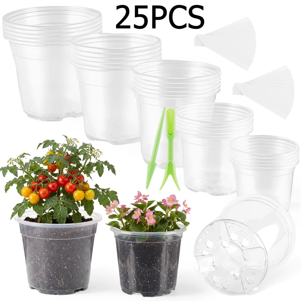 25 Pcs Clear Nursery Pots Plastic Plant Orchid Pots with Labels Drainage Holes Garden Seed Flower Plant Growth Container
