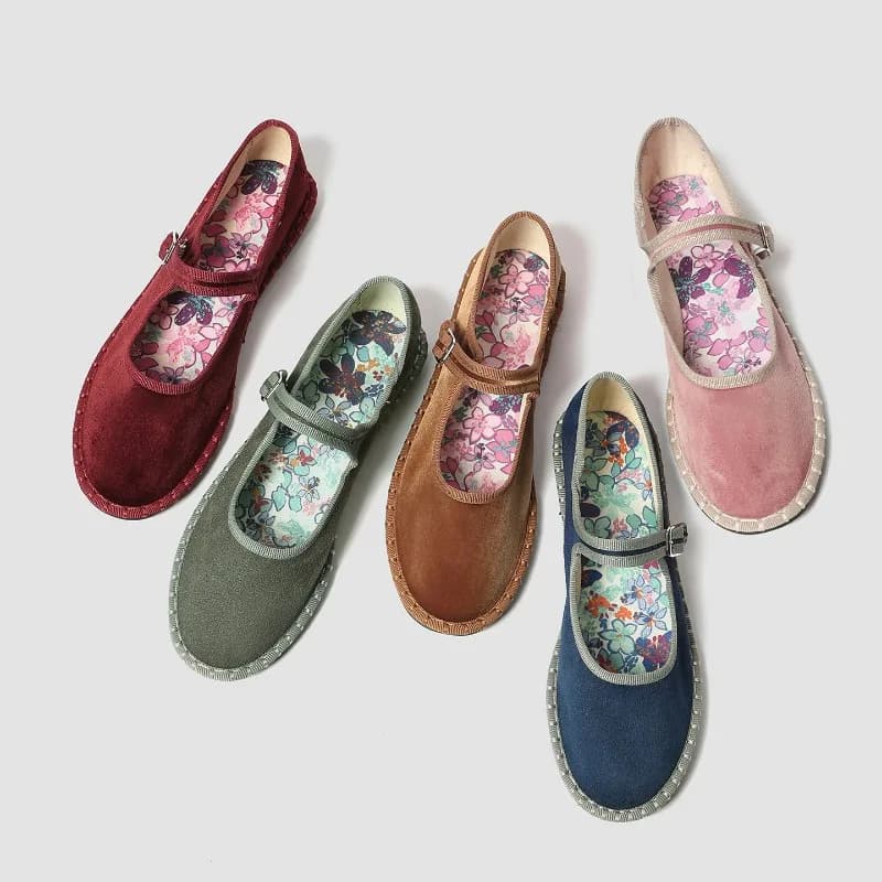 Printed Insole Stitching Velvet Mary Janes Shoes Women High Quality Pleuche Red Ballet Flats Shoes Ladies Casual Cloth Footwear