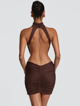Mozision Halter High Neck Sexy Mini Dress Women Elegant Draped Ruched Waist Cutout Bodycon Cocktail Club Party Dress Fashion