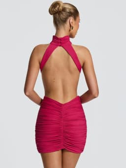 Mozision Halter High Neck Sexy Mini Dress Women Elegant Draped Ruched Waist Cutout Bodycon Cocktail Club Party Dress Fashion