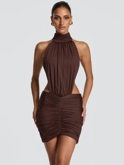 Mozision Halter High Neck Sexy Mini Dress Women Elegant Draped Ruched Waist Cutout Bodycon Cocktail Club Party Dress Fashion