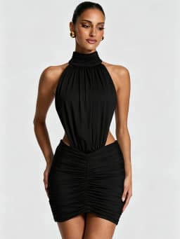 Mozision Halter High Neck Sexy Mini Dress Women Elegant Draped Ruched Waist Cutout Bodycon Cocktail Club Party Dress Fashion