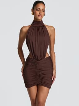Mozision Halter High Neck Sexy Mini Dress Women Elegant Draped Ruched Waist Cutout Bodycon Cocktail Club Party Dress Fashion
