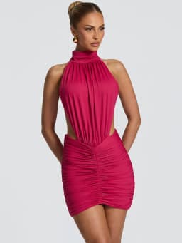 Mozision Halter High Neck Sexy Mini Dress Women Elegant Draped Ruched Waist Cutout Bodycon Cocktail Club Party Dress Fashion