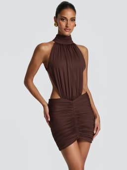 Mozision Halter High Neck Sexy Mini Dress Women Elegant Draped Ruched Waist Cutout Bodycon Cocktail Club Party Dress Fashion