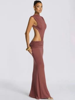 Mozision Women Cutout Backless Sexy Maxi Dress Elegant High Neck Sleeveless Ruched Bodycon Club Party Beach Long Dress Fashion