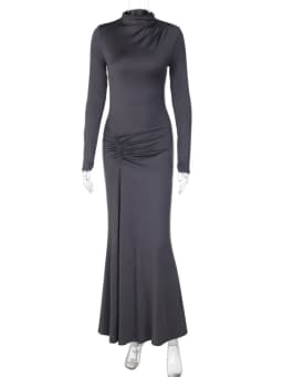 Mozision Women High Neck Long Sleeve Maxi Dress Ruched Front Bodycon Mermaid Hem Long Dress Elegant Evening Party Formal Dresses