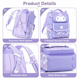 Sanrio Kuromi Primary School Daily Use Bag Ergonomic Multi-Compartment Lightweight Spine Support Wide Shoulder Straps Backpack