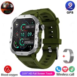 2026 Military Outdoor Smart Watch Men's GPS Flashlight Bluetooth Call 2.01" AMOLED Screen 3ATM Waterproof Sports Smartwatch Ht30