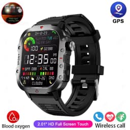 2026 Military Outdoor Smart Watch Men's GPS Flashlight Bluetooth Call 2.01" AMOLED Screen 3ATM Waterproof Sports Smartwatch Ht30