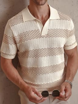 Daily Casual Mens Knitted Polo Shirts 2026 Summer Fashion Striped Contrast Color Knit Pullovers Men Stylish Turn-down Collar Top