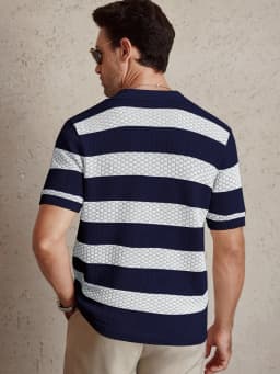 Daily Casual Mens Knitted Polo Shirts 2026 Summer Fashion Striped Contrast Color Knit Pullovers Men Stylish Turn-down Collar Top