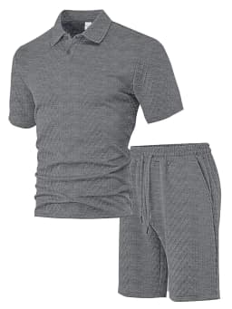 Casual Sports Style Short Two Piece Set Men's Fashion Solid Color Jacquard Short Sleeves Pullover POLO Shirt Shorts 2 Piece Sets