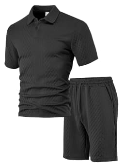Casual Sports Style Short Two Piece Set Men's Fashion Solid Color Jacquard Short Sleeves Pullover POLO Shirt Shorts 2 Piece Sets