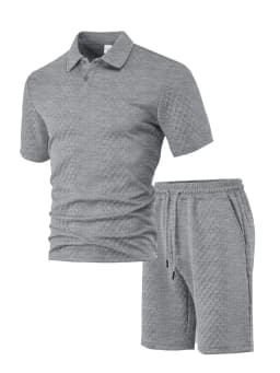 Casual Sports Style Short Two Piece Set Men's Fashion Solid Color Jacquard Short Sleeves Pullover POLO Shirt Shorts 2 Piece Sets