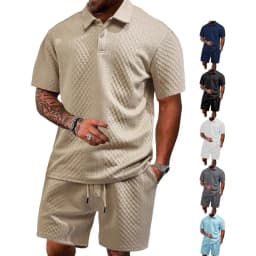 Casual Sports Style Short Two Piece Set Men's Fashion Solid Color Jacquard Short Sleeves Pullover POLO Shirt Shorts 2 Piece Sets