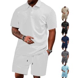 Casual Sports Style Short Two Piece Set Men's Fashion Solid Color Jacquard Short Sleeves Pullover POLO Shirt Shorts 2 Piece Sets