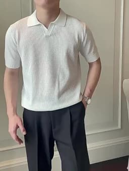Men's Knitted Business Polo Shirt Summer Ice Silk Breathable Elastic Slim Fit Solid Color Lapel Short Sleeve Knitted T-Shirt Top