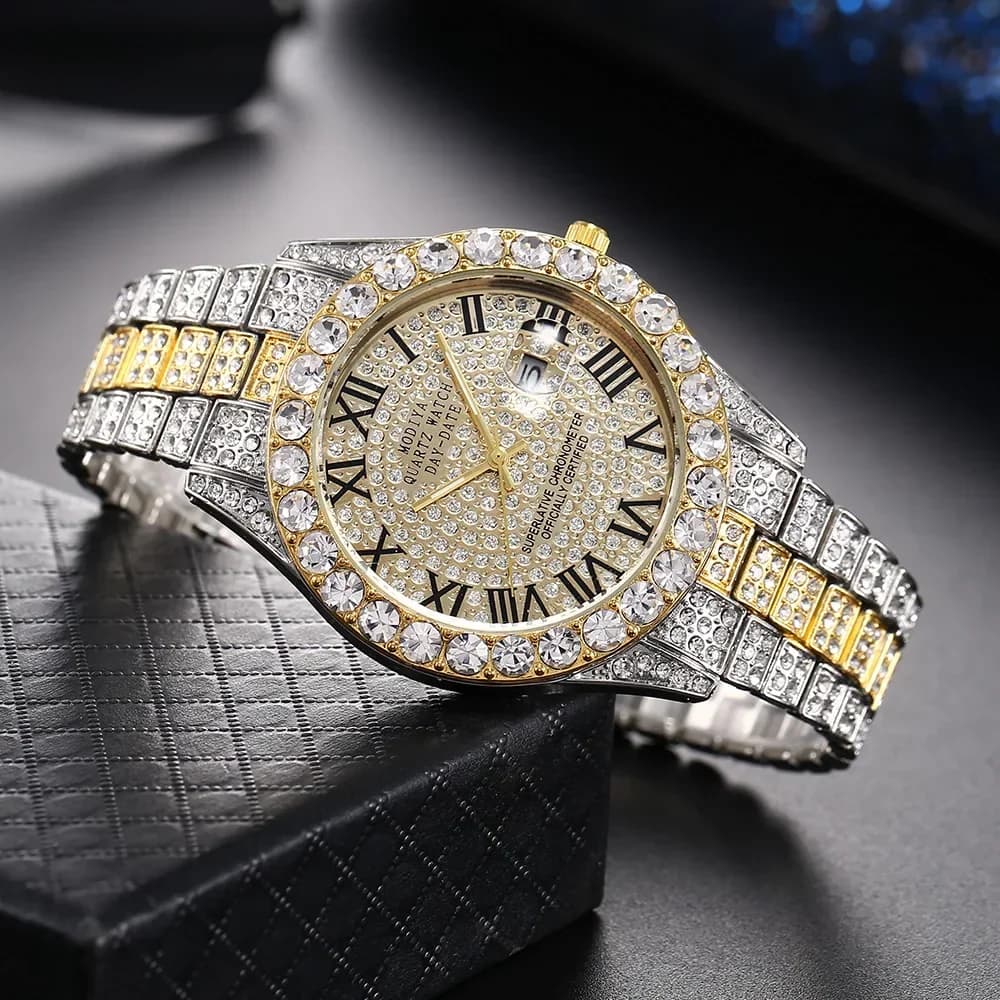 Hot Sale Diamond Bling Watch Men Gold Color Luxury Gift Quartz Watches Male Clock Dropshipping Rhinestone Calendar Wristwatch