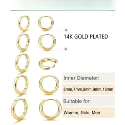 5Pairs Small Hoop Earrings Set for Women 14K Gold Plated Lightweight Tiny Huggie Hoops Mini Cartilage Earrings Pack Hypoallergenic Ear Piercing, Earring Stacking Set
