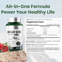 Shilajit Ultra with L-Arginine for Natural Energy and Vitality 60 Capsules Non-GMO Endurance Stamina Antioxidant Supplement