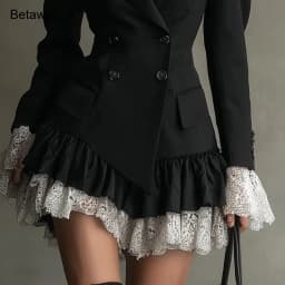 Vintage Black Blazer Dress Lace Ruffle Hem Long Sleeve Slim Waist Evening Party Short Dress