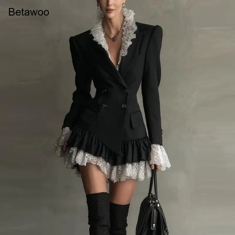 Vintage Black Blazer Dress Lace Ruffle Hem Long Sleeve Slim Waist Evening Party Short Dress