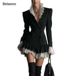 Vintage Black Blazer Dress Lace Ruffle Hem Long Sleeve Slim Waist Evening Party Short Dress