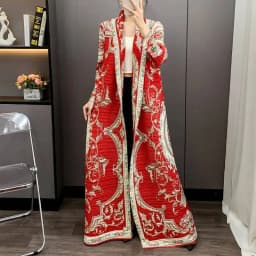 LANMREM Red National Style Printting Pleated Women's Long Robe 2025 New Fashion Chic Temperament Cardigan Trench Coat 2DB3930
