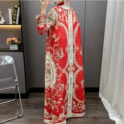 LANMREM Red National Style Printting Pleated Women's Long Robe 2025 New Fashion Chic Temperament Cardigan Trench Coat 2DB3930