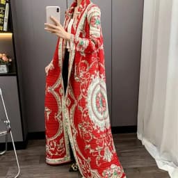 LANMREM Red National Style Printting Pleated Women's Long Robe 2025 New Fashion Chic Temperament Cardigan Trench Coat 2DB3930