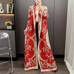 LANMREM Red National Style Printting Pleated Women's Long Robe 2025 New Fashion Chic Temperament Cardigan Trench Coat 2DB3930
