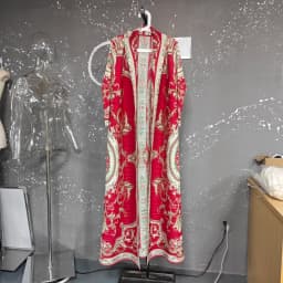 LANMREM Red National Style Printting Pleated Women's Long Robe 2025 New Fashion Chic Temperament Cardigan Trench Coat 2DB3930