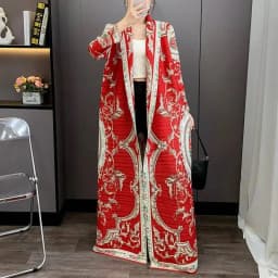 LANMREM Red National Style Printting Pleated Women's Long Robe 2025 New Fashion Chic Temperament Cardigan Trench Coat 2DB3930