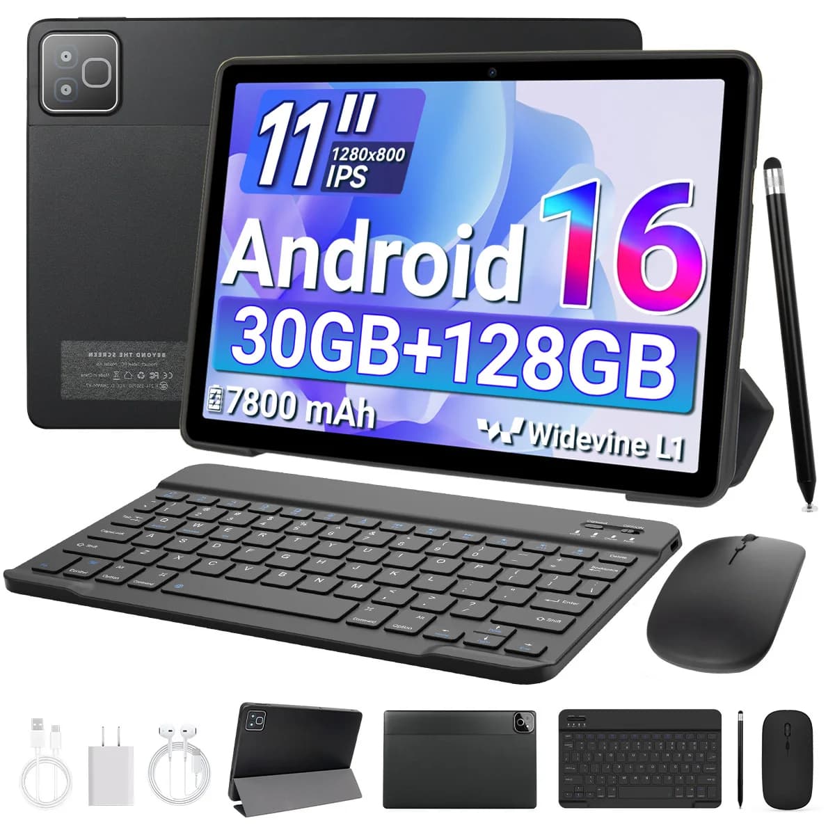 K6L 11 Inch Android 16 GO Tablet PC 5‑Core Processor 30(3+27)GB RAM 128GB ROM 7800mAh Widevine L1 Complete Keyboard Mouse Stylus Bundle US Warehouse