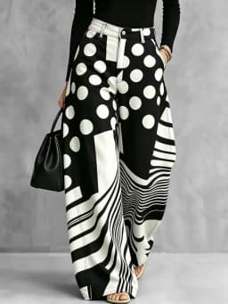 UOOZEE 2026 New Trendy Polka Dot Striped Contrast Color Pants Women Loose High Waist Wide Leg Casual Streetwear Trousers Bottoms
