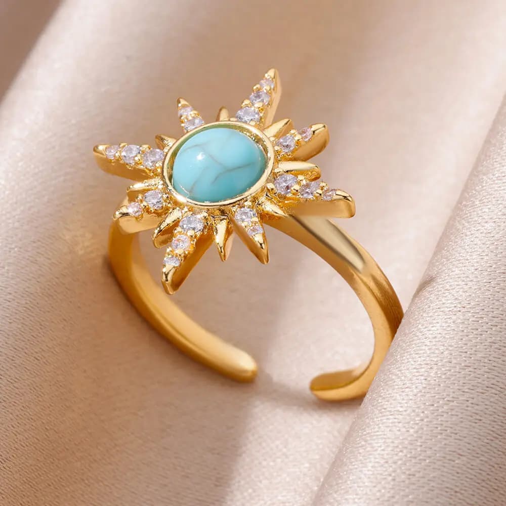 Blue Zircon Sun Stainless Steel Rings For Women Adjustable Gold Plated Aesthetic Ring Party Wedding Jewelry Gift BFF anillos