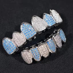 HipHop Bling Full Zircon Blue Teeth Grillz Caps For Unisex Cubic Zircon Micro Pave Top&Bottom Grills Set Party Hip Hop Jewelry