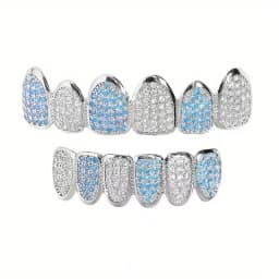 HipHop Bling Full Zircon Blue Teeth Grillz Caps For Unisex Cubic Zircon Micro Pave Top&Bottom Grills Set Party Hip Hop Jewelry