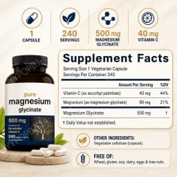 Pure Magnesium Glycinate 500mg Capsules with Vitamin C Supports Relaxation Muscle Nerve Health Bone Support 240 Capsules