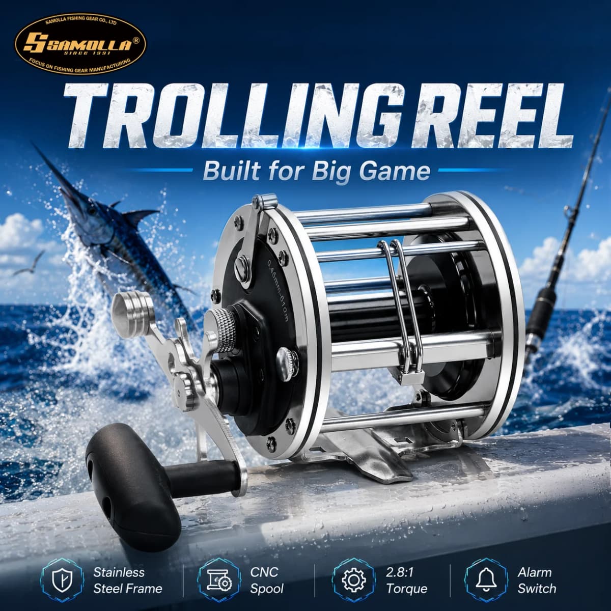 SAMOLLA Strong Trolling Reel Reinforced All Metal Saltwater Sea Boat Fishing Baitcasting Drum Wheel for Catfish Musky Bass Surf