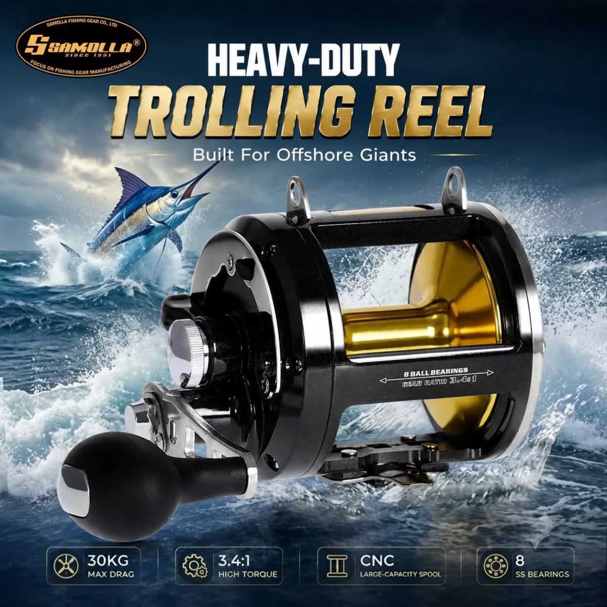 SAMOLLA Trolling Fishing Reel Aluminum Spool, Alarm Button Brake Force Adjustment Deep Sea Reel 30KG Max Drag