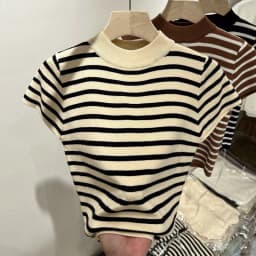 2026 Turtleneck Pullover Striped Sweater Slim Fit Top Shirt Women's Early Spring and Autumn Short Sleeve Bottoming Jumper