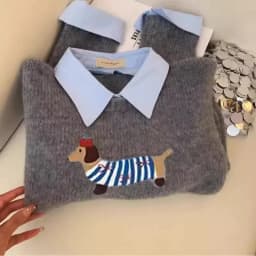Dog Cartoon Soft Grey Fake Two-piece Shirt Collar Knitted Sweater Women's Top 2025 Autumn New Item Lapel Sweater Winter Female