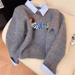 Dog Cartoon Soft Grey Fake Two-piece Shirt Collar Knitted Sweater Women's Top 2025 Autumn New Item Lapel Sweater Winter Female