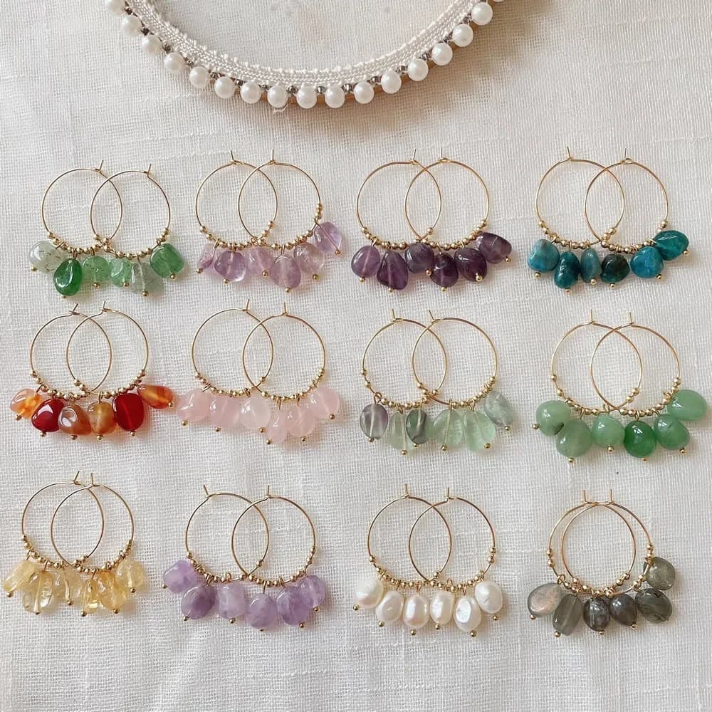 Natural Crystal Earrings for Women Irregular Ore Quartz Citrines Purple Crystal Pearl Tassel Dangle Stainless Steel Hoop Earring