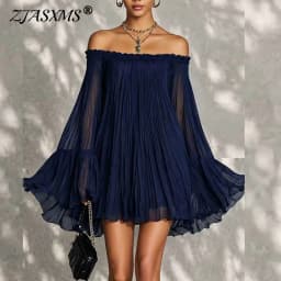 Vintage Solid Off Shoulder Mini Dress Pleated Sheer Flared Long Sleeve Ruffle Trim Loose Flowy Dress Summer Travel Party Dresses