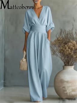 2026 Spring Summer Women Elegant V-neck Jumpsuit Casual Short Sleeve Ruched High Waist Wide Leg Pants Loose Office Lady Romper