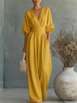 2026 Spring Summer Women Elegant V-neck Jumpsuit Casual Short Sleeve Ruched High Waist Wide Leg Pants Loose Office Lady Romper
